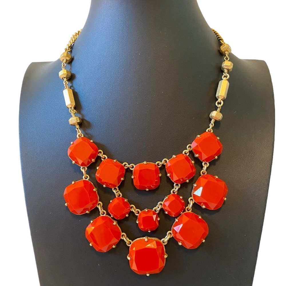 Stella & Dot Orange & Matte Gold 3 Tiered Bib Statement Necklace.